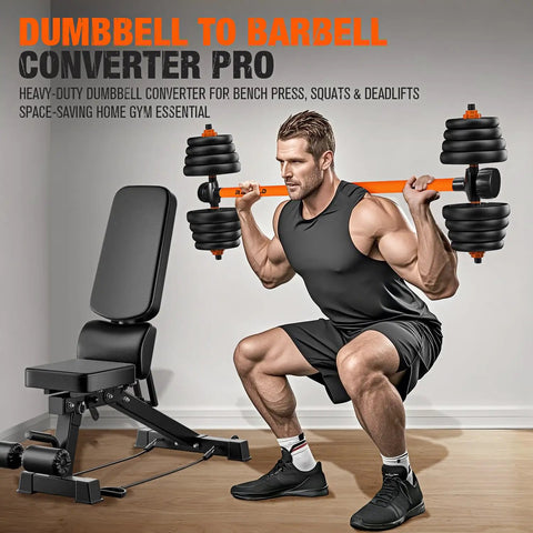 Man using Dumbbell To Barbell Converter For Your Home Gym Turn Dumbbells Into A Barbell Set Weight Bar For Bench Presses Squats Hip Thrusts Deadlifts And Versatile Strength Training Gear in home gym