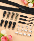 43 Piece Zipper Repair Kit With Universal Zipper Pulls For Jackets, Backpacks, Purses, Tents, And Outdoor Gear, laid out on a table.