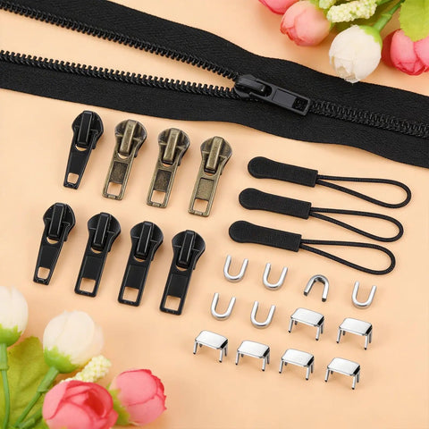 43 Piece Zipper Repair Kit With Universal Zipper Pulls For Jackets, Backpacks, Purses, Tents, And Outdoor Gear, laid out on a table.