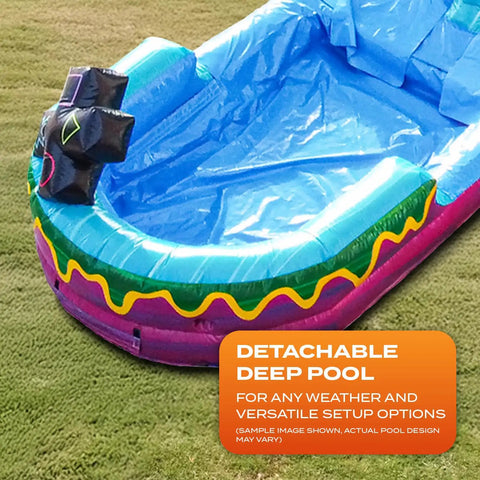 Epic 19 Foot Level Up Water Slide With Detachable Deep Pool For Kids And Adults With Blower Commercial Grade Outdoor Inflatable Wet And Dry Slide For Summer Fun And Rental Quality, showing the detachable pool section on grass.