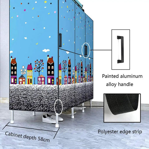 Built Tough Portable Wardrobe With Magnetic Snap Doors And Reinforced Steel Frame Hella Spacious Closet Organizer with colorful design and aluminum handle.