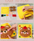 Kid Friendly Sewing Kit For Beginners with easy steps, DIY project showing bear design on thick felt base, for ages 4 to 12.