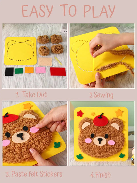 Kid Friendly Sewing Kit For Beginners with easy steps, DIY project showing bear design on thick felt base, for ages 4 to 12.