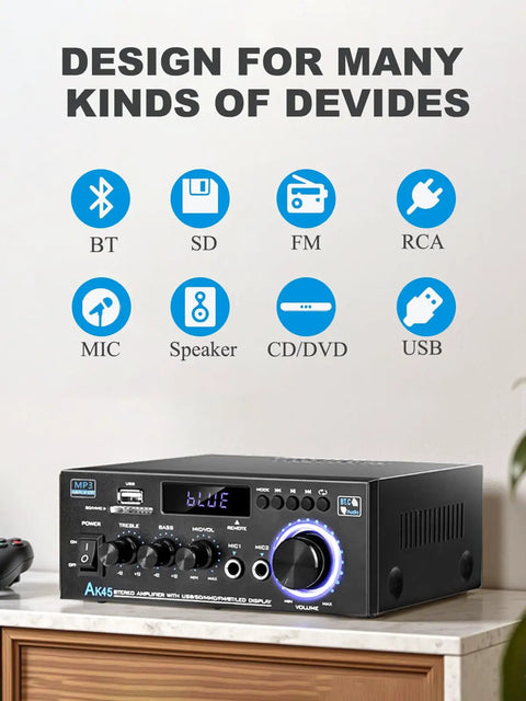 Front view of Powerful Bluetooth 5 Point 0 HiFi Stereo Amplifier Receiver with input icons, showing knobs and digital display.