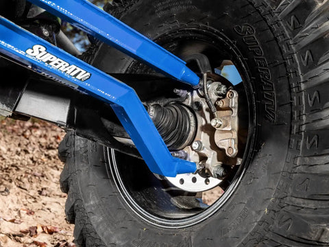 Heavy-Duty High Clearance Boxed Rear Radius Arms For Polaris RZR Models In Voodoo Blue Or Velocity Blue Finish, 4x Stronger Than Stock, Includes Hardware, Easy Install, Will Not Fit With Polaris Rear Bumpers, Fits 2014+ XP And XP 4 1000, RS1 blue rear suspension arm on tire