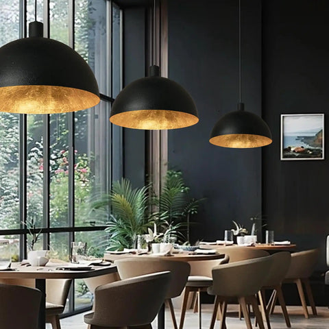 Black Dome Pendant Light With Dope Gold Leaf Interior, 20 Inch Industrial Chandelier in modern dining room setting