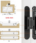 Sleek Hidden 6 Inch Adjustable Door Hinges 4 Pack Zinc Alloy With 180 Degree Swing, shown with installation measurements.