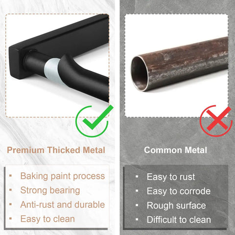 Super Sturdy Steel Towel Rack Wall Mount For Small Bathrooms, 3 Bar Rolled Towel Holder With A Solid Middle Rail, shows premium vs common metal