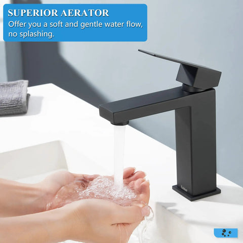Matte Black Single Hole Bathroom Faucet With Overflow Pop Up Drain Modern Vanity Faucet With One Handle Water Saving Aerated Spout