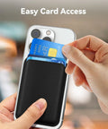 MagSafe Leather Card Holder With Beefy Magnetic RFID Shield For iPhone 12 Through 17 Series Pro And Pro Max Stick On Wallet Case N52 Magnets RFID Blocking Slim Black shown attached on phone.
