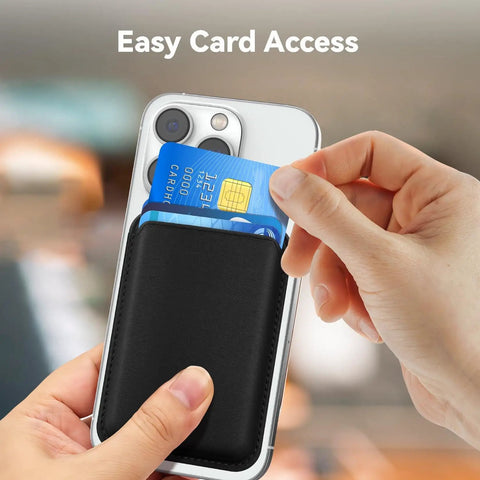 MagSafe Leather Card Holder With Beefy Magnetic RFID Shield For iPhone 12 Through 17 Series Pro And Pro Max Stick On Wallet Case N52 Magnets RFID Blocking Slim Black shown attached on phone.
