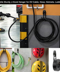 Heavy Duty EV Charging Cable Holder Wall Mount For Tight Garages With Wide J Hook To Kick Tesla Or J1772 Cords off the floor in use.