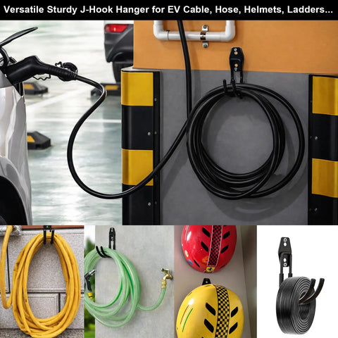 Heavy Duty EV Charging Cable Holder Wall Mount For Tight Garages With Wide J Hook To Kick Tesla Or J1772 Cords off the floor in use.