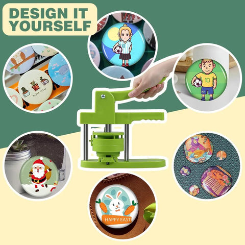 Happizza 75mm button maker machine, green handheld press with starter kit including circle cutter