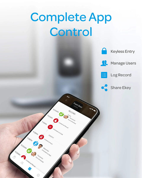 Smartphone controlling 5 In 1 Smart Lock With Fingerprint, Code, Knock To Open, Mechanical Key, And Smartphone App Control, Ultimate Keyless Entry Electronic Door Lever In Satin Nickel Finish, 2nd Gen, DIY Easy Install For Quick Home Security Upgrade with app features visible.
