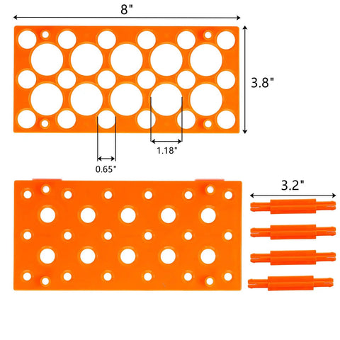 Orange Six Pack 28 Well Test Tube Rack For Lab Use Detachable Plastic Stand dimensions and connectors shown