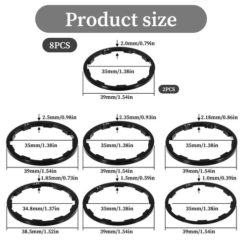 Diagram showing Eight Piece Bike Headset Spacers Set For Road And Mountain Bikes Aluminum Alloy Washers With Seven Sizes