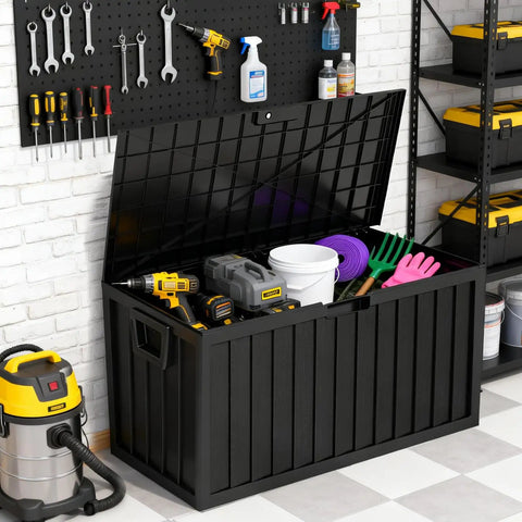 75 Gallon Outdoor Storage Box Weatherproof And Lockable For Patio Cushions, Garden Tools, And Outdoor Gear Black