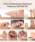 9 Pcs Professional Manicure Pedicure Drill Bit Kit showcasing various bits including Sapphire Wheel and Felted Cone.