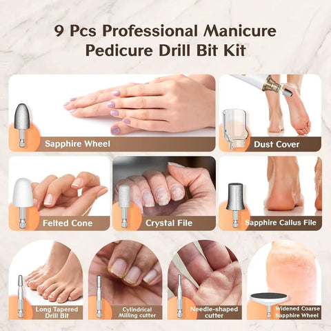 9 Pcs Professional Manicure Pedicure Drill Bit Kit showcasing various bits including Sapphire Wheel and Felted Cone.