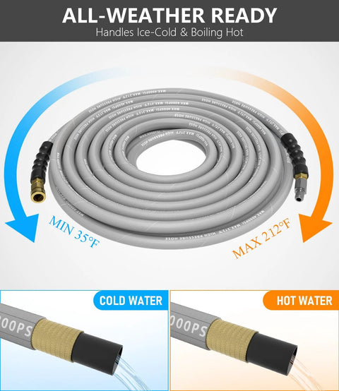 Coiled pressure washer hose, 50 ft, 4000 PSI, gray steel-braided with non-marking rubber; 3/8 in quick-connect and M22 fittings