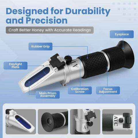 3-In-1 Honey Refractometer With ATC For Brix 58 To 90 Percent, Baume 38 To 43 Degrees, And Moisture 12 To 27 Percent, Easy To Calibrate, Go-To Beekeeping Tool For Honey, Maple Syrup, Molasses, And More. silver handheld refractometer with eyepiece, rubber grip, calibration screw