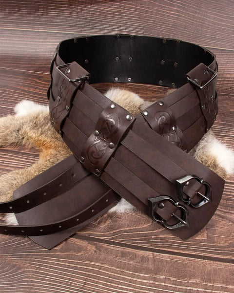 Medieval Knight Armor Set With Shoulder Pauldron, Wide Belt And Bracer, Renaissance Larp Cosplay Props, brown leather belt