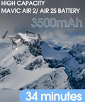 DJI Mavic Air 2S flying over snowy mountains with 3500mAh battery, demonstrating 34-minute flight time capability.