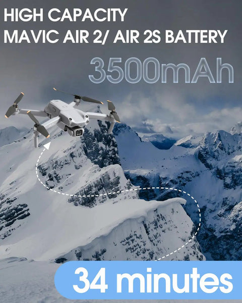 DJI Mavic Air 2S flying over snowy mountains with 3500mAh battery, demonstrating 34-minute flight time capability.