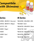 Brake Bleed Kit For Shimano Hydraulic Brakes With Mineral Oil 120ml, two 60ml bottles and syringe, Shimano compatibility list