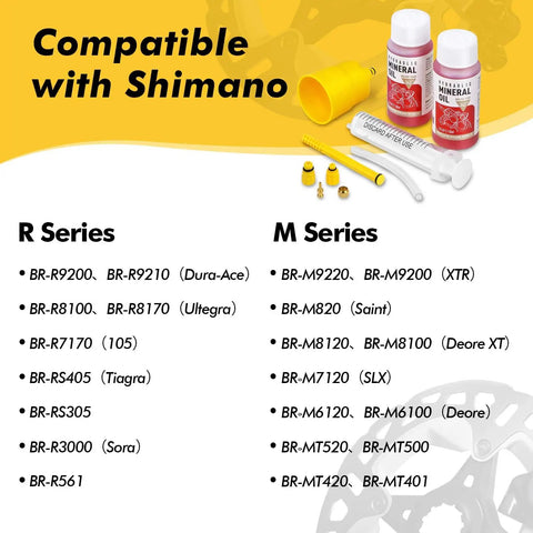 Brake Bleed Kit For Shimano Hydraulic Brakes With Mineral Oil 120ml, two 60ml bottles and syringe, Shimano compatibility list