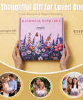 Hands holding Beginner Embroidery Kit With Magnetic Needle Minder, 4K Video Tutorials, Pre Printed Floral Patterns, Bound Guide box.