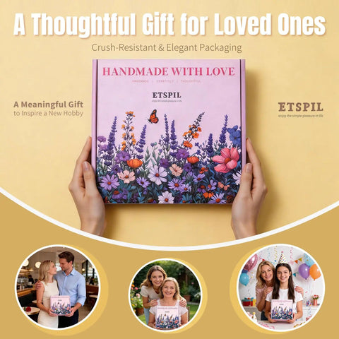 Hands holding Beginner Embroidery Kit With Magnetic Needle Minder, 4K Video Tutorials, Pre Printed Floral Patterns, Bound Guide box.