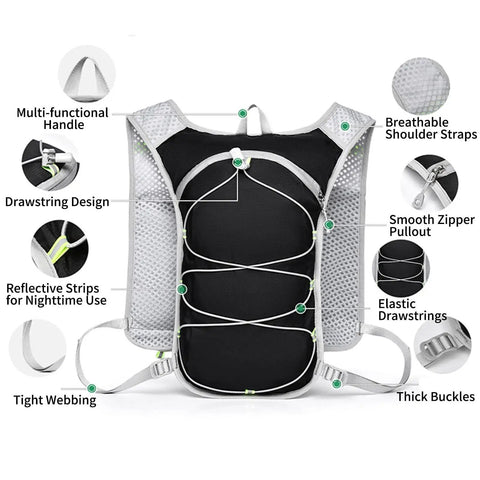 Waterproof Hydration Backpack For Hiking And Outdoor Adventures With Adjustable Straps and elastic drawstrings visible.