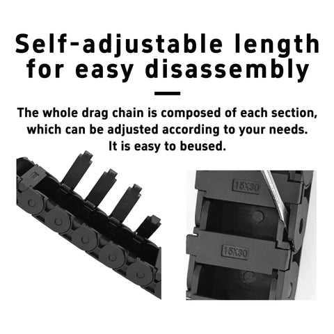 Close-up of 15mm X 30mm Plastic Drag Chain Cable Carrier showing adjustable sections for CNC Router and 3D Printer