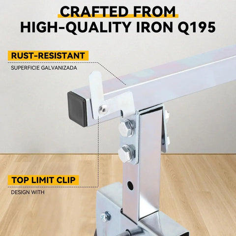 Close-up of Two Pack Saw Stand Sawhorse With Adjustable Seven Level Quick Build Foldable Heavy Duty Miter Saw Stand made of iron Q195, highlighting rust resistance and top limit clip.