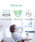 Baby drinking water in high chair with food-grade, BPA-free, lead-free icons, promoting safety of Faucet Water Filter Cartridge For DuPont FMC303X Replacement, 200 Gallon, 3 Pack, WFFMC303X Compatible, Coconut Activated Carbon Block Reduces Chlorine Taste Odor Heavy Metals Sediment Rust For Fresh Tasting Water.