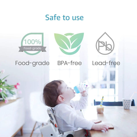 Baby drinking water in high chair with food-grade, BPA-free, lead-free icons, promoting safety of Faucet Water Filter Cartridge For DuPont FMC303X Replacement, 200 Gallon, 3 Pack, WFFMC303X Compatible, Coconut Activated Carbon Block Reduces Chlorine Taste Odor Heavy Metals Sediment Rust For Fresh Tasting Water.
