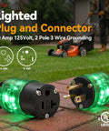 Lit 20 Amp 125 Volt Lighted Duplex Outlet With Power On Indicator, NEMA 5-20R Grounding Straight Blade Receptacle, commercial black, shown with green LED plug and connector