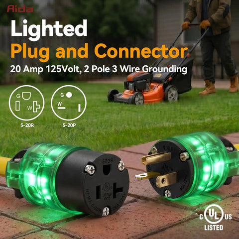 Lit 20 Amp 125 Volt Lighted Duplex Outlet With Power On Indicator, NEMA 5-20R Grounding Straight Blade Receptacle, commercial black, shown with green LED plug and connector