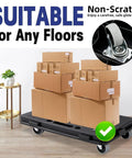 Heavy Furniture Moving Dollies With Wheels Set Of 2 flat dolly with boxes on wooden floor, non-scratch feature, close-up wheel inset.
