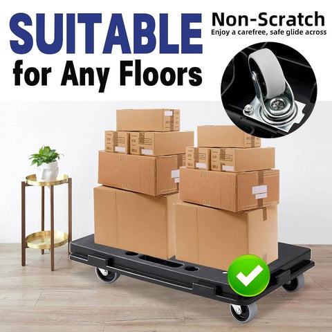 Heavy Furniture Moving Dollies With Wheels Set Of 2 flat dolly with boxes on wooden floor, non-scratch feature, close-up wheel inset.