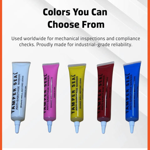 Top Notch Hot Pink Tamper Seal Inspection Paint For Bolts Fasteners With Instant Crack Detection Quick Drying Formula No Sweat Setup For Cars And Daily Driver Gearhead Hangouts One Point Five Ounces tubes in various colors for mechanical inspections.