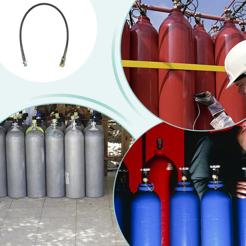 Heavy Duty Pneumatic Hose Rock Solid Anti Knot Design For High Pressure Tank Filling With Brass Steel Fittings And Zero Leak Guarantee Rated 4500 Psi featuring flexible connections and various tank colors.