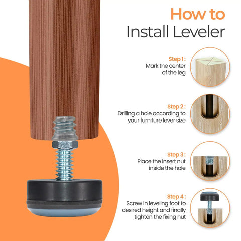 Guide for installing 1/4-20 Leveling Feet With PTFE Bottom, 1 Inch Base, Smooth Gliding Furniture Levelers For Tables.