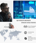 Collage showing man thinking, digital graphics with chainsaw and tools, chainsaw on world map, and text about global sales.