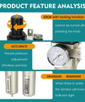 Product feature highlights of Three Quarter Inch NPT Industrial Air Dryer with Auto Drain for Compressors, including knob and gauge details