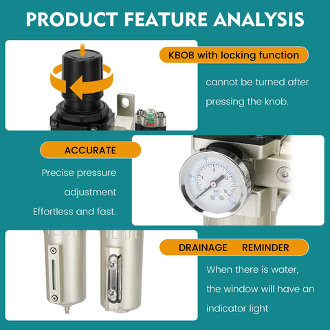 Product feature highlights of Three Quarter Inch NPT Industrial Air Dryer with Auto Drain for Compressors, including knob and gauge details