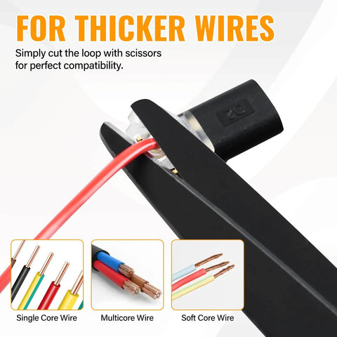 Close-up of a 50 Pcs D2 Quick Connect Wire Connector for thicker wires with cutting scissors.