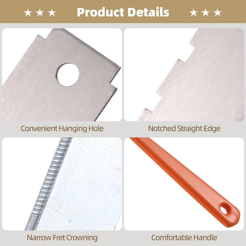 Collage of features from 8 Piece Guitar Neck Straight Edge Kit with notched straight edge, hanging hole, narrow fret crowning, and handle